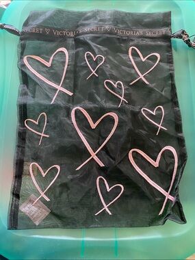 Victoria's Secret Mesh Black Lingerie Drawstring Tote with Pink Heart Embroidery